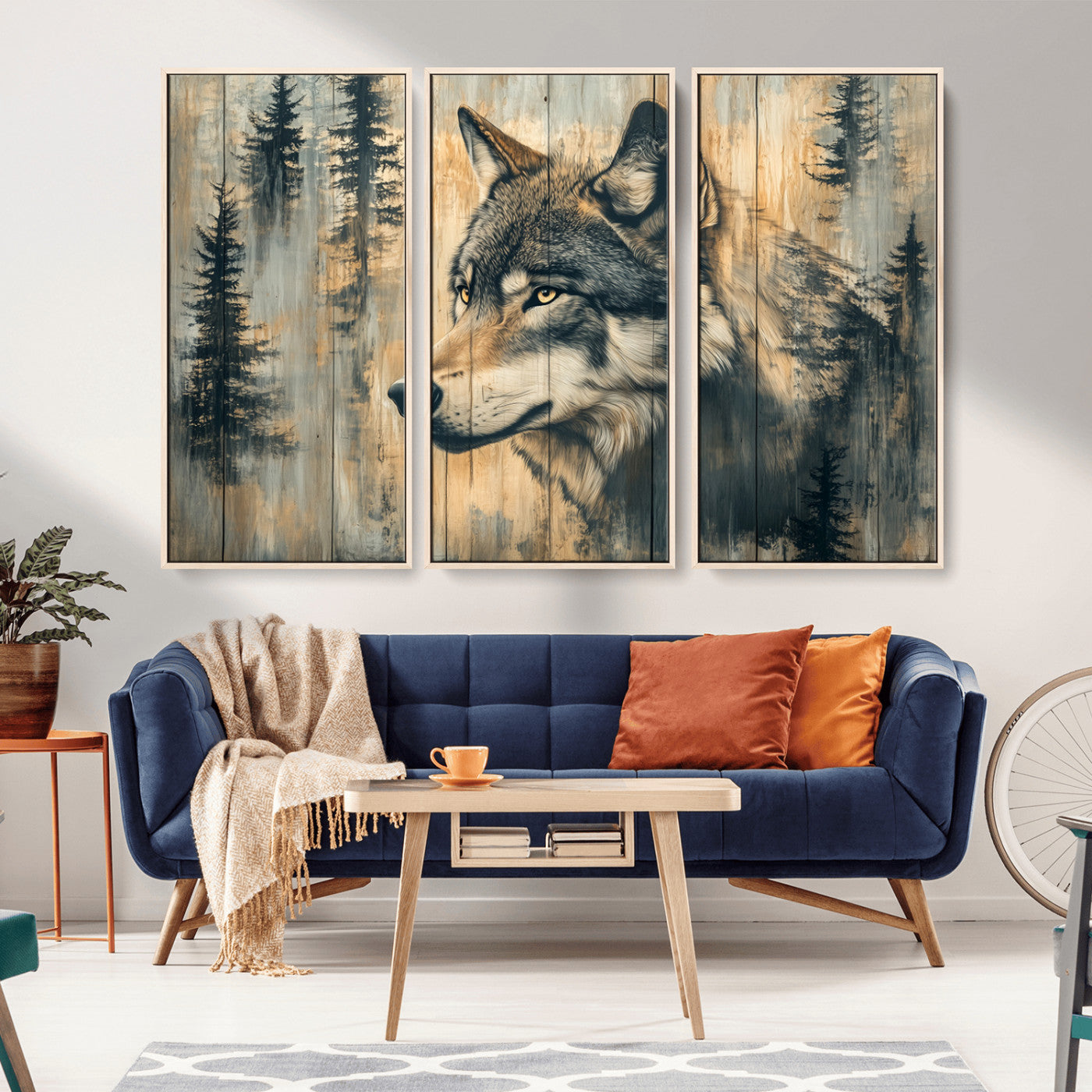 51892-MGV-CV-36X24-Wolf Wall Art – Rustic Canvas Print of Wolf with Forest Trees on Wood Texture, Wildlife Lodge Artwork for Living Room, Bedroom,