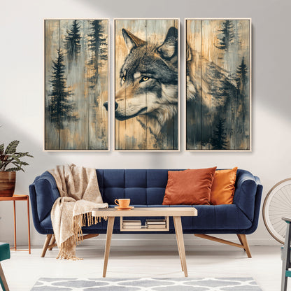 51892-MGV-CV-36X24-Wolf Wall Art – Rustic Canvas Print of Wolf with Forest Trees on Wood Texture, Wildlife Lodge Artwork for Living Room, Bedroom,