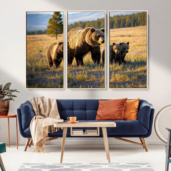 43400-MGV-CV-36X24-Bear Family Wall Art – Wildlife Canvas Print of Mother Bear with Cubs in Sunlit Meadow, Rustic Animal Artwork for Living Room,