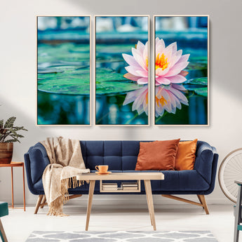 30320-MGV-CV-36X24-Pink Water Lily Wall Art – Lotus Flower Canvas Print with Reflection Water, Peaceful Botanical Artwork for Living Room, Bedroom,