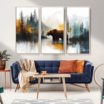 50308-MGV-FC-48X32-3P_Natural-Abstract Rustic Bear Wall Art – Forest and Mountain Scene Canvas Print, Nature Artwork for Modern Farmhouse or Log Cabin Decor