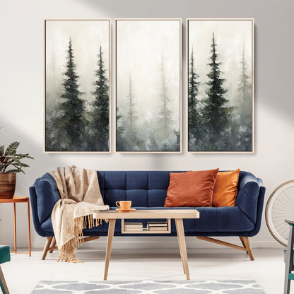 33241-MGV-FC-48X32-3P_Natural-Misty Forest Wall Art Canvas Print, Framed Foggy Pines Art Picture Print, Forest Haze Perfect Rustic Minimalist Decor Artwork