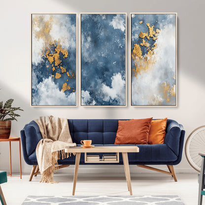 39575-MGV-CV-36X24-Blue and Gold Abstract Wall Art – Modern Canvas Print Featuring Cloudy Textures with Metallic Accents, Contemporary Artwork for