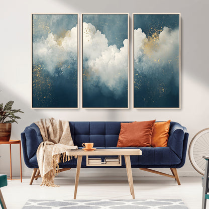 75131-MGV-CV-36X24-Abstract Cloud Wall Art – Modern Canvas Print Featuring Blue and White Clouds with Golden Accents, Contemporary Artwork for Living