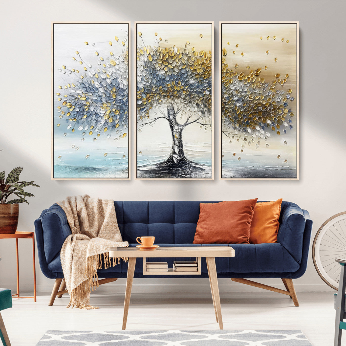 24771-MGV-CV-36X24-Silver Tree Wall Art Canvas Print, Framed Golden Leaves Art Picture Print, Metallic Tree Perfect Minimalist Luxury Decor Artwork