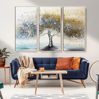 24771-MGV-CV-36X24-Silver Tree Wall Art Canvas Print, Framed Golden Leaves Art Picture Print, Metallic Tree Perfect Minimalist Luxury Decor Artwork