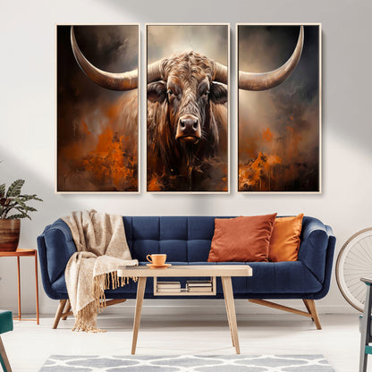 240479-MGV-CV-36X24-Longhorn Bull Wall Art – Dramatic Western Canvas Print Featuring Horned Bull with Fiery Background, Rustic Farmhouse Artwork for