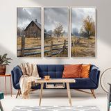 Farm1-MGV-FC-48X32-3P_Natural-Rustic Autumn Farmhouse Wall Art – Serene Countryside Scene Canvas Print, Weathered Barn and Autumn Trees Decor for Living Room,