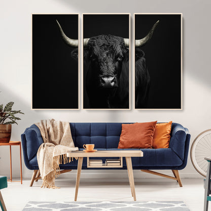 97914921-MGV-CV-36X24-Black Bull Wall Art Canvas Print, Framed Longhorn Bull Art Picture Print, Western Bull Perfect Monochrome Western Decor Artwork