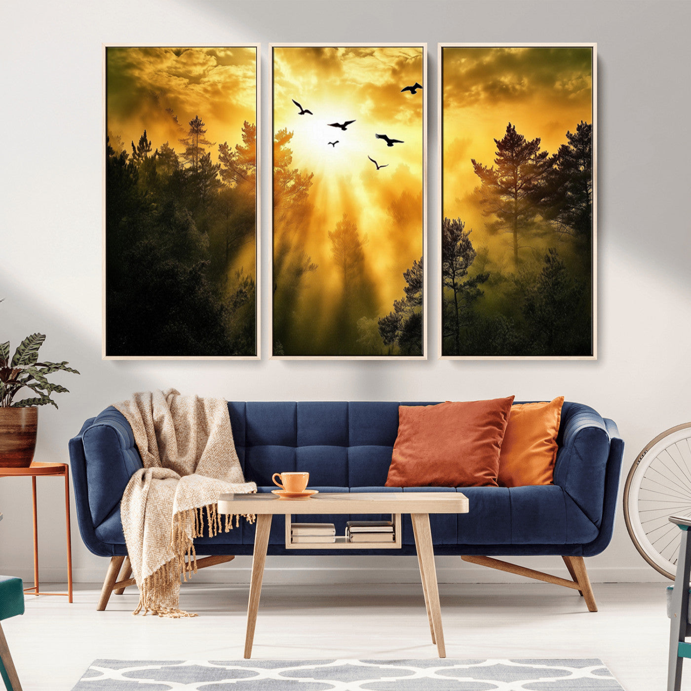 13776802-MGV-FC-48X32-3P_Natural-Golden Forest Wall Art Canvas Print, Framed Sunset Pines Art Picture Print, Flying Birds Perfect Nature Glow Decor Artwork
