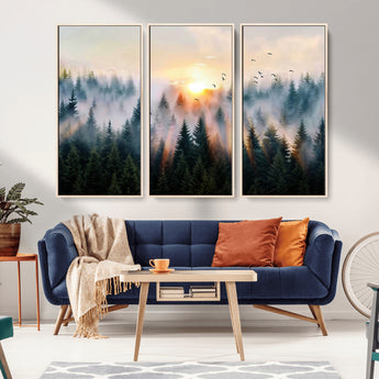 56391411-MGV-CV-36X24-Misty Forest Wall Art Canvas Print, Framed Sunrise Pines Art Picture Print, Moody Pines Perfect Serene Woodland Decor Artwork