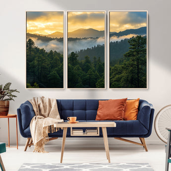 68082278-MGV-CV-36X24-Mountain Sunrise Wall Art Canvas Print, Framed Pine Forest Art Picture Print, Misty Mountains Perfect Earthy Woodland Decor