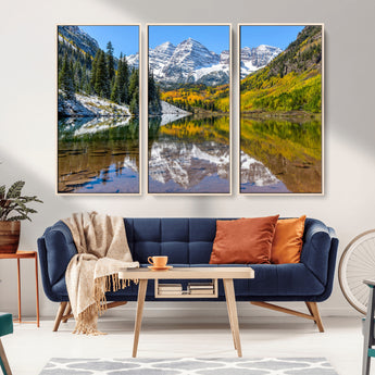 87724099-MGV-CV-36X24-Maroon Bells Wall Art Canvas Print, Framed Snowy Mountains Art Picture Print, Pine Forest Perfect Vibrant Alpine Decor Artwork