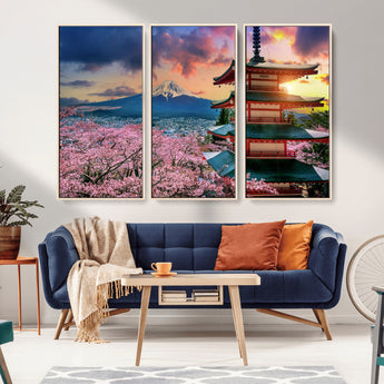32331262-MGV-CV-36X24-Mount Fuji Japan Wall Art – Cherry Blossom Landscape Canvas Print, Chureito Pagoda Sunset Photography, Japanese Nature Travel