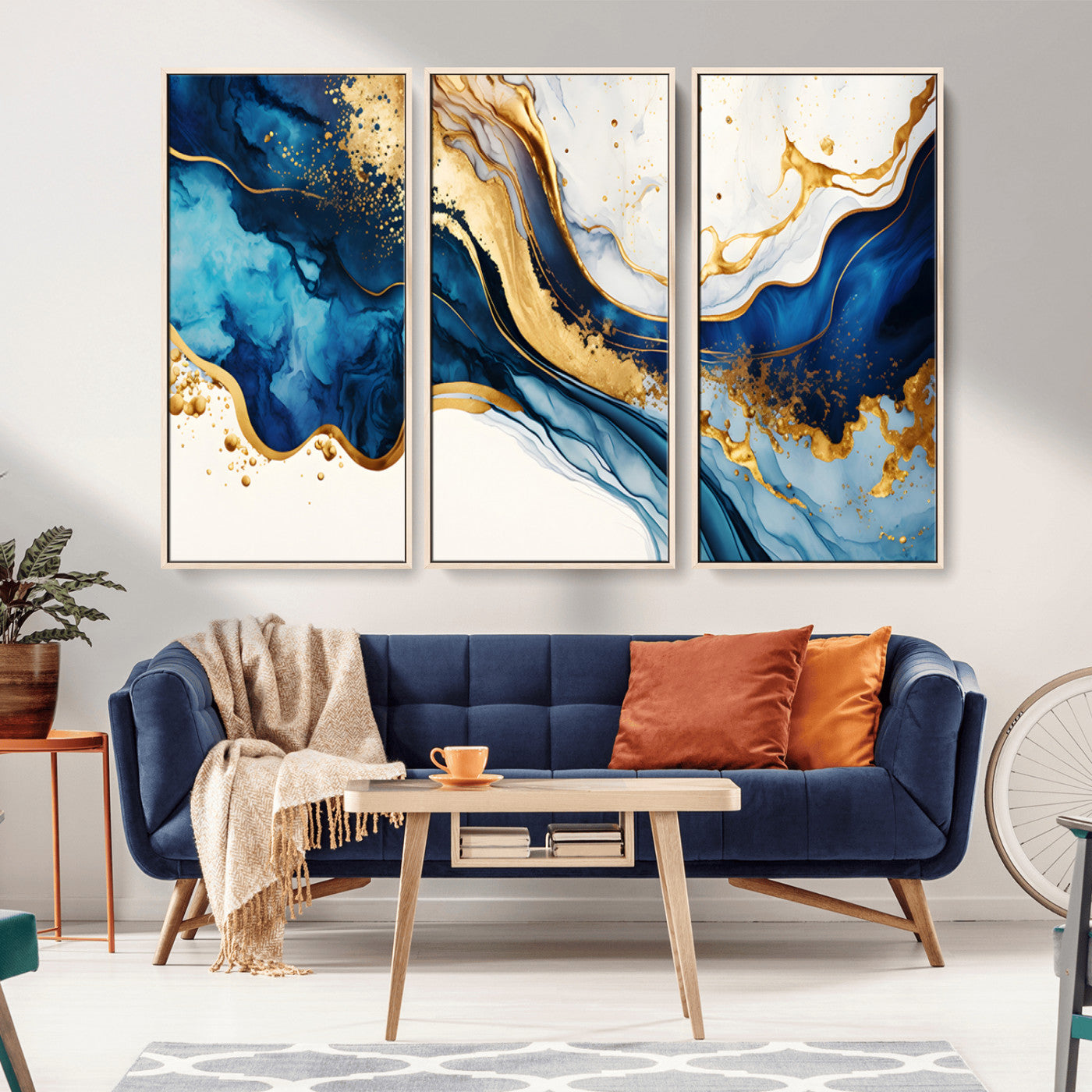 60283636-MGV-CV-36X24-Blue Gold Flow Wall Art Canvas Print, Framed Marble Texture Art Picture Print, Elegant Splash Perfect Elegant Abstract Decor