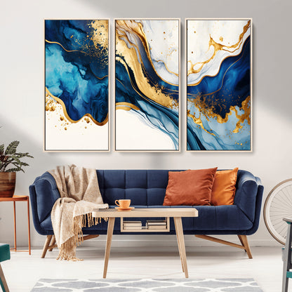 60283636-MGV-CV-36X24-Blue Gold Flow Wall Art Canvas Print, Framed Marble Texture Art Picture Print, Elegant Splash Perfect Elegant Abstract Decor