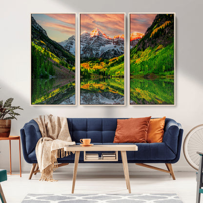 59533484-MGV-CV-36X24-Maroon Bells Autumn Wall Art – Panoramic Mountain Landscape Canvas Print, Sunset Reflection Nature Artwork for Living Room, Office