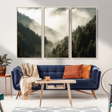 57570237-MGV-CV-36X24-Misty Valley Wall Art Canvas Print, Framed Foggy Forest Art Picture Print, Pine Trees Perfect Moody Woodland Decor Artwork