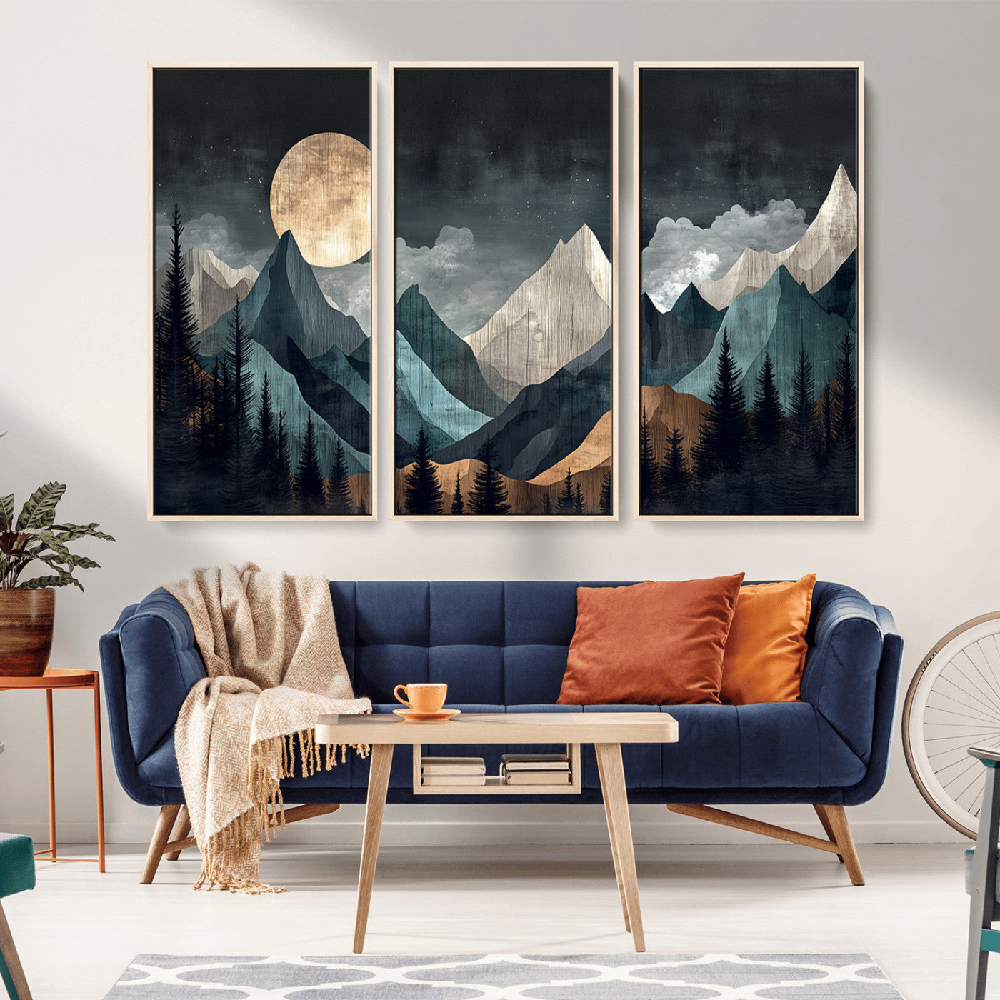 11060882-MGV-FC-48X32-3P_Natural-Moonlit Mountains Wall Art Canvas Print, Framed Forest Silhouette Art Picture Print, Night Landscape Perfect Modern Forest Decor