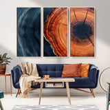 57732250-MGV-CV-36X24-Tree Ring Abstract Wall Art – Blue Orange Wood Grain Canvas Print, Modern Rustic Nature Artwork for Living Room, Office,
