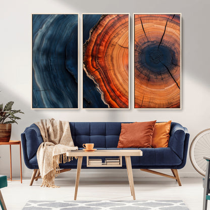 57732250-MGV-CV-36X24-Tree Ring Abstract Wall Art – Blue Orange Wood Grain Canvas Print, Modern Rustic Nature Artwork for Living Room, Office,