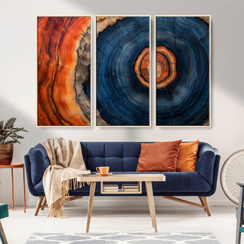 72209152-MGV-CV-36X24-Abstract Tree Ring Wall Art – Vibrant Blue Orange Wood Grain Canvas Print, Rustic Modern Nature Artwork for Living Room, Office,