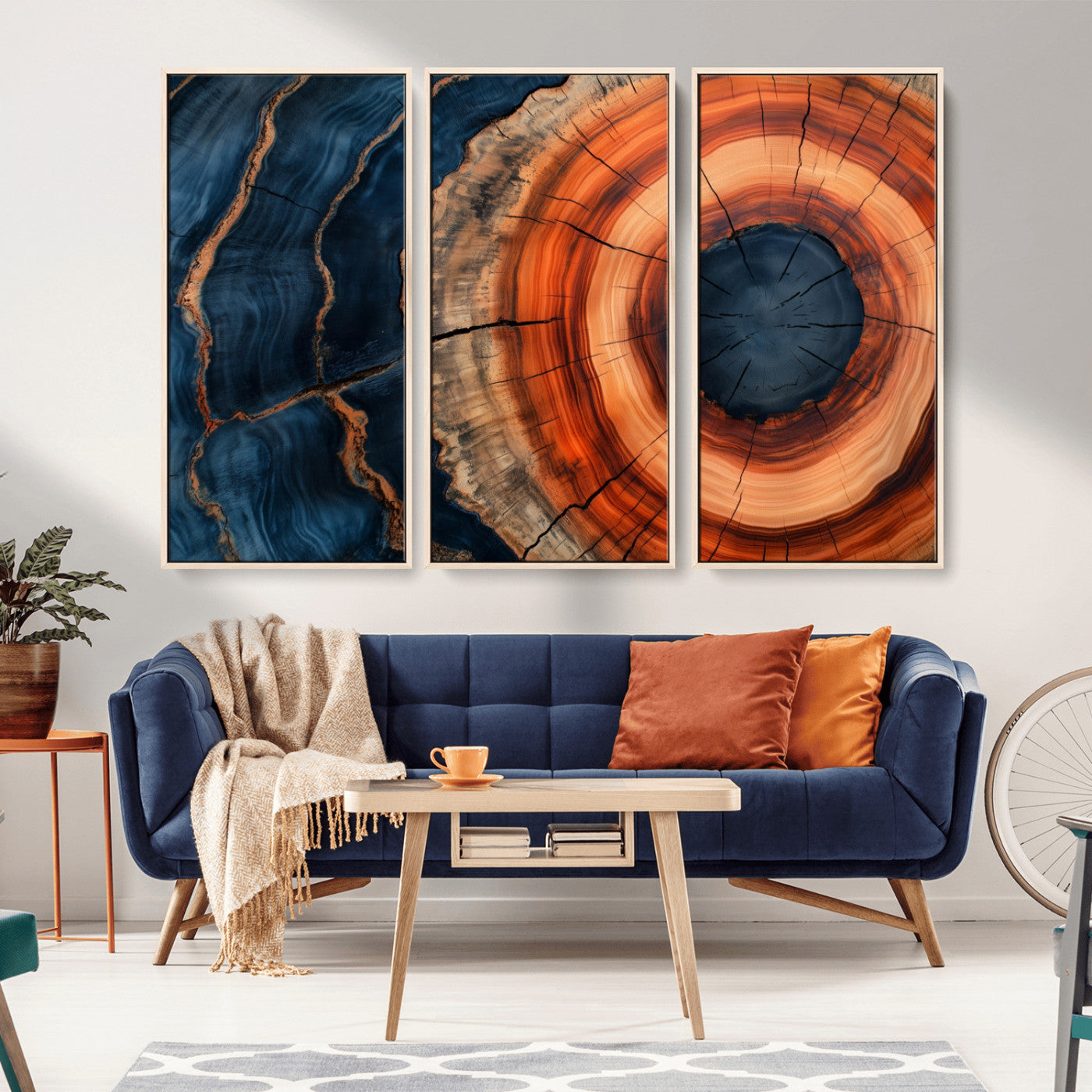 41123192-MGV-CV-36X24-Tree Ring Canvas Wall Art – Abstract Blue Orange Wood Grain Print, Rustic Modern Nature Artwork for Living Room, Bedroom, Office