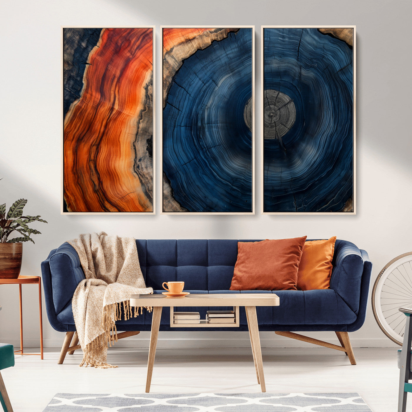 99491700-MGV-CV-36X24-Tree Ring Canvas Wall Art – Blue Orange Abstract Wood Grain Print, Rustic Modern Nature Artwork for Living Room, Office, Bedroom