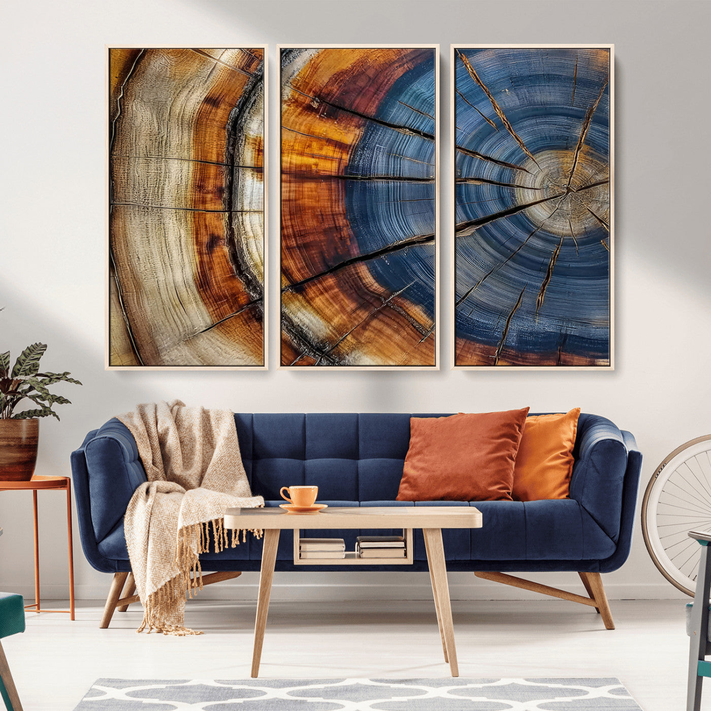 18032999-MGV-CV-36X24-Tree Ring Wall Art – Blue Brown Abstract Wood Slice Canvas Print, Rustic Modern Nature Decor for Living Room, Office, Bedroom or