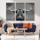 81228550-MGV-CV-36X24-Framed Texas Longhorn Bull Art Canvas Print, Western Bull Wall Art Print, Long Horn Bull Photo Print for Log Cabin, Large Bull