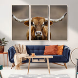 12179171-MGV-FC-48X32-3P_Natural-Texas Longhorn Wall Art Canvas Print, Framed Brown Bull Art Picture Print, Lone Cattle Perfect Rustic Western Decor Artwork