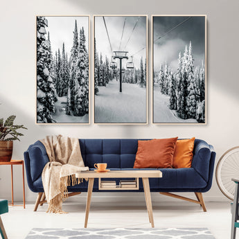 31156828-MGV-FC-48X32-3P_Natural-Snowy Pines Wall Art Canvas Print, Framed Ski Lift Art Picture Print, Winter Forest Perfect Moody Lodge Decor Artwork