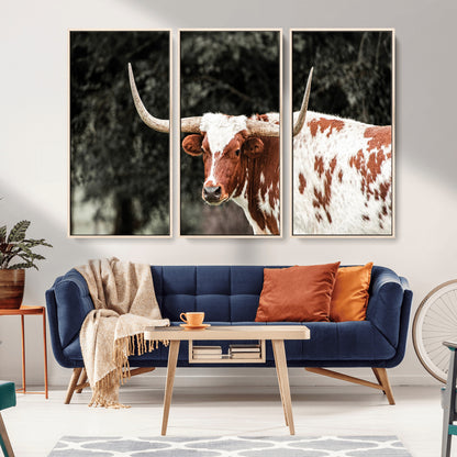 54027638-MGV-CV-36X24-Texas Longhorn Wall Art Canvas Print, Framed Spotted Cow Art Picture Print, Horned Bull Perfect Rustic Western Decor Artwork