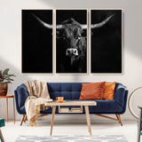 42077175-MGV-CV-36X24-Texas Longhorn Wall Art Canvas Print, Framed Monochrome Bull Art Picture Print, Horned Bull Perfect Rustic Western Decor Artwork