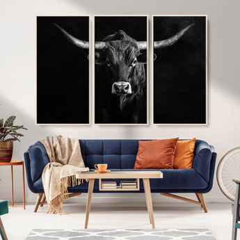 42077175-MGV-CV-36X24-Texas Longhorn Wall Art Canvas Print, Framed Monochrome Bull Art Picture Print, Horned Bull Perfect Rustic Western Decor Artwork