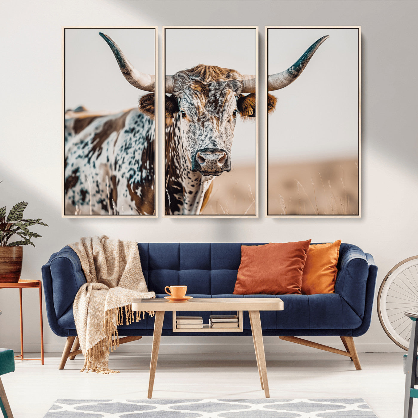 70414966-MGV-CV-36X24-Texas Longhorn Wall Art Canvas Print, Framed Speckled Cow Art Picture Print, Horned Bull Perfect Rustic Western Decor Artwork