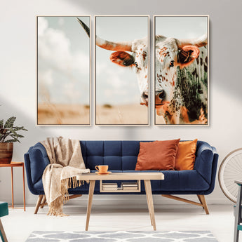 72766375-MGV-CV-36X24-Texas Longhorn Wall Art Canvas Print, Framed Spotted Cow Art Picture Print, Horned Cattle Perfect Rustic Western Decor Artwork