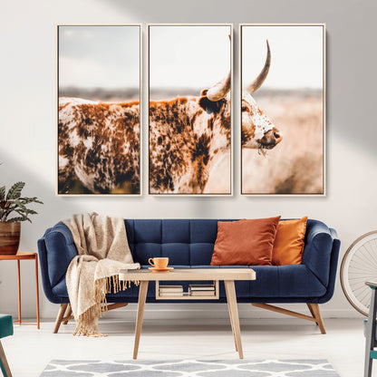 11528295-MGV-CV-36X24-Speckled Longhorn Wall Art Canvas Print, Framed Texas Cattle Art Picture Print, Horned Cow Perfect Rustic Western Decor Artwork