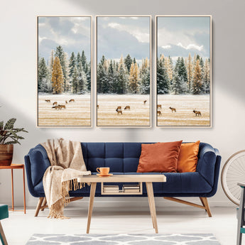64188182-MGV-CV-36X24-Elk Herd Wall Art Canvas Print, Framed Snowy Forest Art Picture Print, Forest Elks Perfect Neutral Rustic Decor Artwork