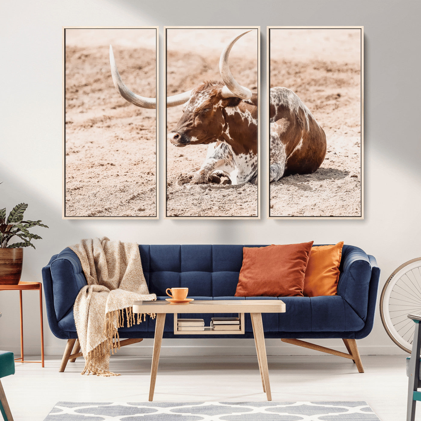 91248682-MGV-CV-36X24-Texas Longhorn Wall Art Canvas Print, Framed Resting Bull Art Picture Print, Spotted Cattle Perfect Rustic Western Decor Artwork