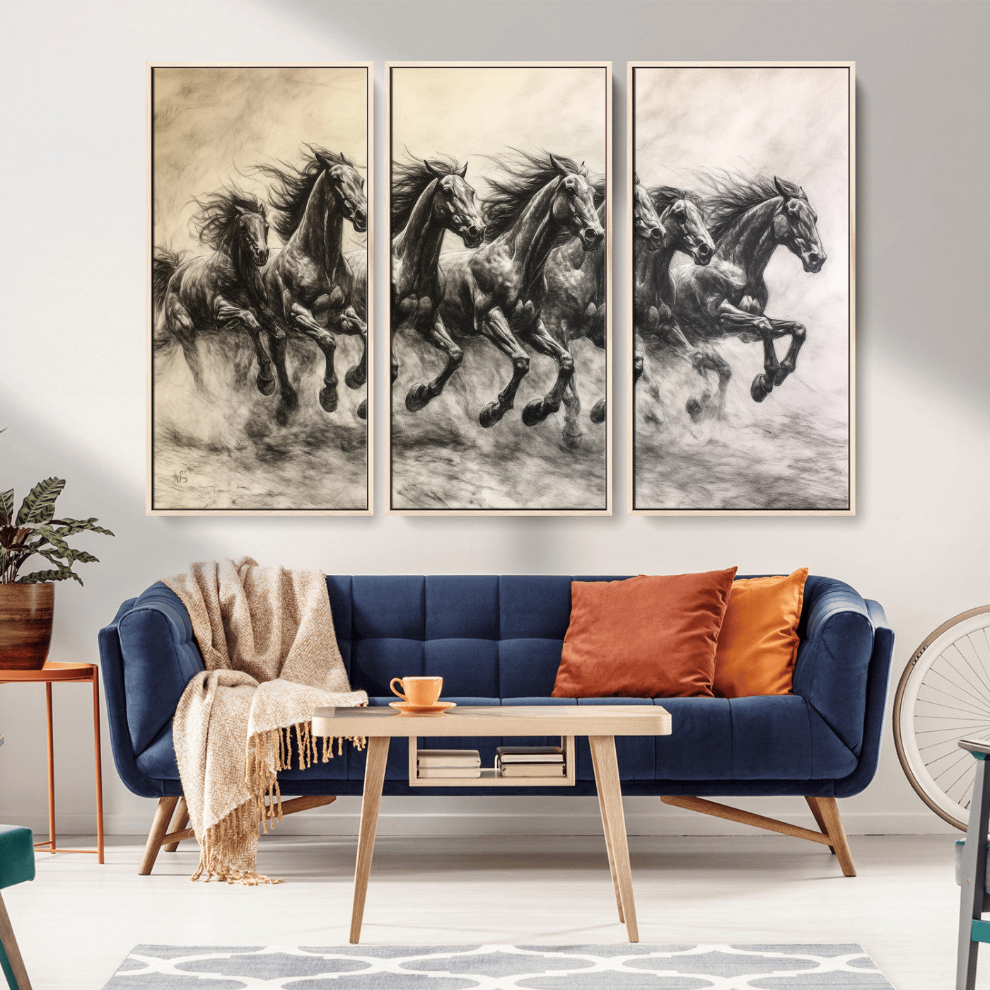 56089591-MGV-FC-48X32-3P_Natural-Galloping Horses Wall Art Canvas Print, Framed Wild Stallions Art Picture Print, Horse Herd Sketch Perfect Monochrome Dynamic