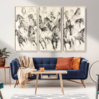 19433417-MGV-CV-36X24-Running Horses Wall Art Canvas Print, Framed Horse Sketch Art Picture Print, Galloping Herd Perfect Monochrome Western Decor