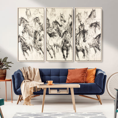 19433417-MGV-CV-36X24-Running Horses Wall Art Canvas Print, Framed Horse Sketch Art Picture Print, Galloping Herd Perfect Monochrome Western Decor
