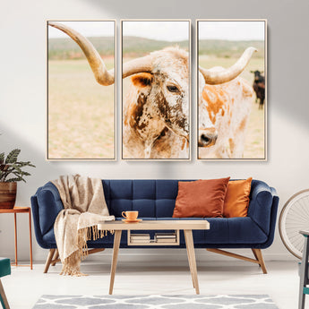 21060648-MGV-FC-48X32-3P_Natural-Texas Longhorn Wall Art Canvas Print, Framed Speckled Cow Art Picture Print, Rustic Bull Perfect Rustic Western Decor Artwork
