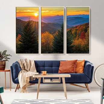 36964931-MGV-FC-48X32-3P_Natural-Autumn Mountains Wall Art Canvas Print, Framed Sunset Glow Forest Art Picture Print, Golden Trees Perfect Vibrant Nature Decor