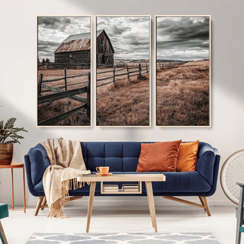 73898372-MGV-FC-48X32-3P_Natural-Rustic Barn Wall Art Canvas Print, Framed Moody Field Art Picture Print, Weathered Fence Perfect Moody Farmhouse Decor Artwork