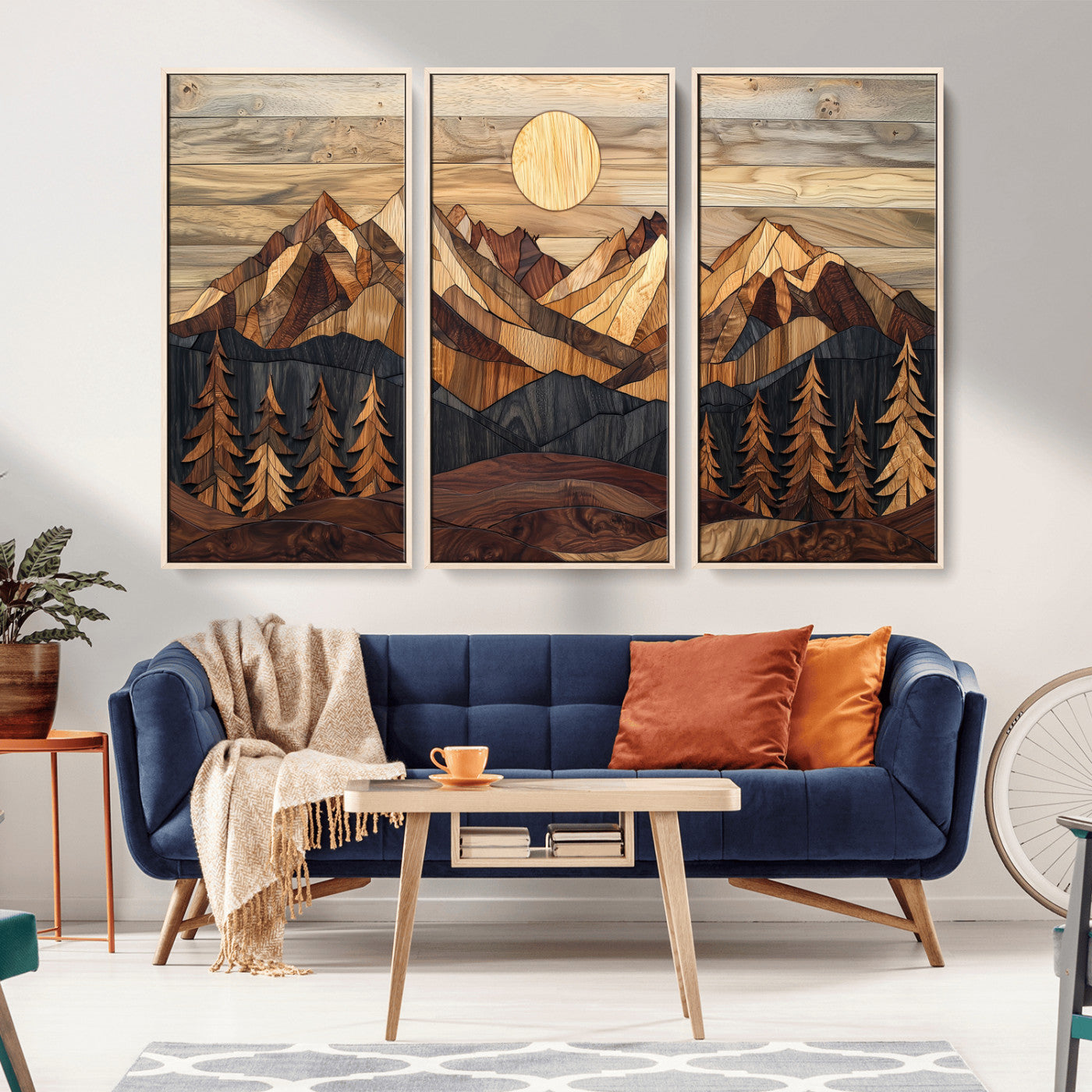 39116082-MGV-FC-48X32-3P_Natural-Wood Mountain Landscape Wall Art Canvas Print, Framed Sunset Hills Art Picture Print, Abstract Nature Perfect Boho Decor Artwork