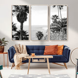 89458520-MGV-CV-36X24-Palm Trees Wall Art Canvas Print, Framed Coastal View Art Picture Print, Ocean Horizon Perfect Monochrome Coast Decor Artwork