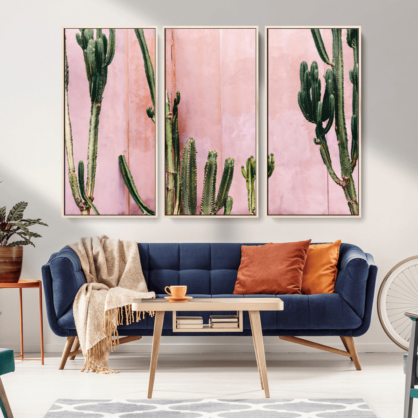 93119502-MGV-FC-48X32-3P_Natural-Tall Cactus Wall Art Canvas Print, Framed Pink Wall Art Picture Print, Cactus Lines Perfect Modern Desert Decor Artwork
