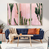 93119502-MGV-FC-48X32-3P_Natural-Tall Cactus Wall Art Canvas Print, Framed Pink Wall Art Picture Print, Cactus Lines Perfect Modern Desert Decor Artwork